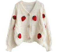 LLECDASEUI Suéter de punto de fresa lindo para mujer, cárdigan Kawaii estético para niñas adolescentes, uniforme escolar floral Y2K, prendas de vestir (M,Blanco)