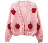 LLECDASEUI Suéter tipo cárdigan corto con cuello en V y manga larga con botones y estampado de fresa para mujer (M,Rosa)