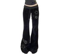 LLECDASEUI Terciopelo Estrella Rhinestone Pantalones Flare para mujer Bootcut Bajo Cordón Pantalones de campana Y2K Streetwear (L,Negro)