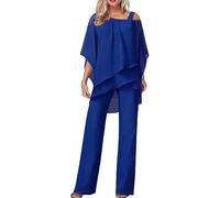 LLECDASEUI Traje de pantalón de talla grande para mujer - Elegante traje de invitado de boda Traje formal de gasa de 2 piezas - Manga de murciélago (Blue-b,L)