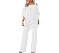 LLECDASEUI Traje de pantalón de talla grande para mujer - Elegante traje de invitado de boda Traje formal de gasa de 2 piezas - Manga de murciélago (Blanco,M)