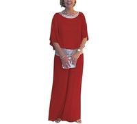 LLECDASEUI Trajes de pantalones formales para mujer, fiesta de noche de invitados de boda, elegante traje de pantalones de 2 piezas de gasa, trajes formales (l,Rojo)