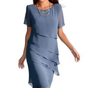 LLECDASEUI Vestido De Gasa De Las Mujeres Tiered Fit Flare Modesto Prom Midi Rodilla Longitud Del Vestido Verano Sexy Elegante Fiesta De Cóctel Vestido De Invitada De Boda (L,Azul 1)