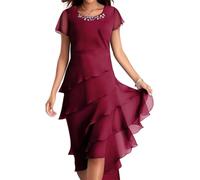 LLECDASEUI Vestido De Gasa De Las Mujeres Tiered Fit Flare Modesto Prom Midi Rodilla Longitud Del Vestido Verano Sexy Elegante Fiesta De Cóctel Vestido De Invitada De Boda (L,Rojo 2)