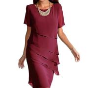 LLECDASEUI Vestido De Gasa De Las Mujeres Tiered Fit Flare Modesto Prom Midi Rodilla Longitud Del Vestido Verano Sexy Elegante Fiesta De Cóctel Vestido De Invitada De Boda (L,Rojo 1)