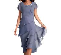 LLECDASEUI Vestido De Gasa De Las Mujeres Tiered Fit Flare Modesto Prom Midi Rodilla Longitud Del Vestido Verano Sexy Elegante Fiesta De Cóctel Vestido De Invitada De Boda (L,Azul 2)