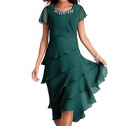 LLECDASEUI Vestido De Gasa De Las Mujeres Tiered Fit Flare Modesto Prom Midi Rodilla Longitud Del Vestido Verano Sexy Elegante Fiesta De Cóctel Vestido De Invitada De Boda (M,Verde 1)