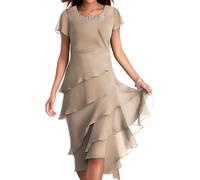 LLECDASEUI Vestido De Gasa De Las Mujeres Tiered Fit Flare Modesto Prom Midi Rodilla Longitud Del Vestido Verano Sexy Elegante Fiesta De Cóctel Vestido De Invitada De Boda (XXL,Caqui 1)