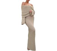 LLECDASEUI Vestido largo de ganchillo con hombros descubiertos sexy para mujer Vestido ajustado de malla elástica Vestido de punto de manga larga Vestidos envolventes de fiesta (S,Beige)