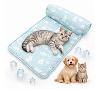 LLELEMAMO Alfombrilla Refrescante de Seda de Hielo para Perros y Gatos con Almohada, Estampado de Frutas, Cama Autorrefrigerante Portátil y Lavable para Verano (Green White Bear-60 * 40cm)