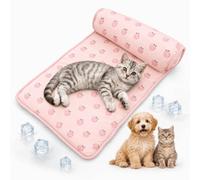 LLELEMAMO Alfombrilla Refrescante de Seda de Hielo para Perros y Gatos con Almohada, Estampado de Frutas, Cama Autorrefrigerante Portátil y Lavable para Verano (Pink Cherry-60 * 40cm)