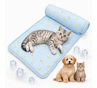 LLELEMAMO Alfombrilla Refrescante de Seda de Hielo para Perros y Gatos con Almohada, Estampado de Frutas, Cama Autorrefrigerante Portátil y Lavable para Verano (Blue Banana-60 * 40cm)