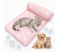 LLELEMAMO Alfombrilla Refrescante de Seda de Hielo para Perros y Gatos con Almohada, Estampado de Frutas, Cama Autorrefrigerante Portátil y Lavable para Verano (Pink White Bear-60 * 40cm)