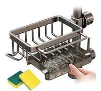 LLELEMAMO Kitchen Sink Faucet Organizer, Sink Organizer Rack for Kitchen and Bathroom, Sponge Holder for Kitchen Sink with Drain Tray, Dish Sponge Holder for 0.7-1.1inch Round Water Pipe (Left Gray)