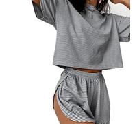 LLELEMAMO Split Short Pajama Set, Womens Pajamas Set Shorts Side Split, Two Piece Set Womens Striped Print Drop Shoulder tee (Black,M)