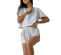 LLELEMAMO Split Short Pajama Set, Womens Pajamas Set Shorts Side Split, Two Piece Set Womens Striped Print Drop Shoulder tee (Gray,L)
