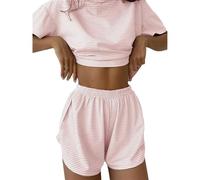 LLELEMAMO Split Short Pajama Set, Womens Pajamas Set Shorts Side Split, Two Piece Set Womens Striped Print Drop Shoulder tee (Pink,L)