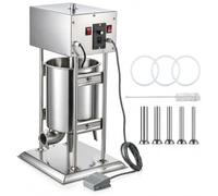 Llenadora eléctrica vertical de 10 L, máquina de llenado de acero | 10 velocidades, control de pedal y cinco tubos de relleno soportan diferentes tamaños de salchichas y llenado manos libres.