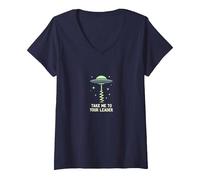 Llévame a tu líder OVNI Sci-Fi Alien Encuentro Camiseta Cuello V, Mujer, Azul Marino, M