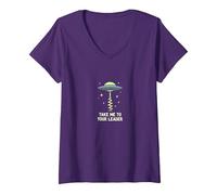 Llévame a tu líder OVNI Sci-Fi Alien Encuentro Camiseta Cuello V, Mujer, Morado, S