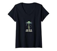 Llévame a tu líder OVNI Sci-Fi Alien Encuentro Camiseta Cuello V, Mujer, Negro, S
