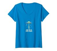 Llévame a tu líder OVNI Sci-Fi Alien Encuentro Camiseta Cuello V, Mujer, Zafiro, M