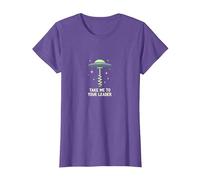 Llévame a tu líder OVNI Sci-Fi Alien Encuentro Camiseta, Mujer, Morado Jaspeado, L
