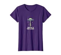 Llévame a tu líder OVNI Sci-Fi Alien Encuentro Camiseta, Mujer, Morado, XS