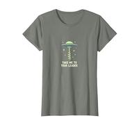 Llévame a tu líder OVNI Sci-Fi Alien Encuentro Camiseta, Mujer, Verde Militar Jaspeado, XXL