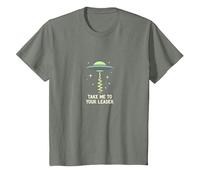 Llévame a tu líder OVNI Sci-Fi Alien Encuentro Camiseta, Niños, Verde Militar Jaspeado, 10 años