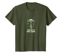 Llévame a tu líder OVNI Sci-Fi Alien Encuentro Camiseta, Niños, Verde Oliva, 12 años
