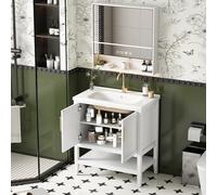 LLGWGL Mueble de baño pequeño - 80 cm de ancho, color blanco, lavabo con lavabo de cerámica, 2 puertas, estantería con 3 estantes de tablero de fibra de densidad media, de pie, resistente al agua