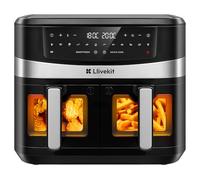 LLIVEKIT Freidora de aire caliente 10 l, 2 cámaras, 12 en 1, doble zona, soporte para brochetas, 95% menos aceite, precalentamiento