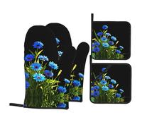 LLKGOT Juego de 4 manoplas de horno con estampado de flores de aciano florecientes, para hornear en la cocina, impermeables, resistentes al calor y duraderos