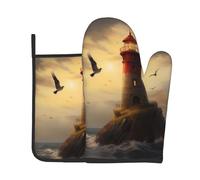 LLKGOT Little Sparrow Flying to The Lighthouse - Juego de guantes de horno y soportes para ollas para abrir la tapa de la olla en la cocina, microondas, horno