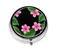 LLKGOT Pastillero redondo con diseño de hojas verdes y pequeñas flores rosadas con 3 compartimentos para almacenamiento de pastillas y viajes portátiles