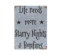 LLLDHGCBSS Cartel de metal con texto en inglés "Iife Needs More Starry Nights Bonfires" - Cartel de metal para decoración de pared, cocina, hogar, garaje, 16 x 12 pulgadas