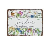 LLLDHGCBSS Cartel de metal con texto en inglés "The Garden Is My Happy Place" para decoración de pared, cocina, hogar, garaje, 12 x 16 pulgadas