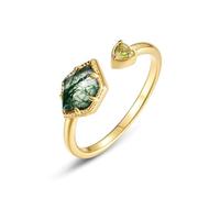 Lllunimon 925 Plata de ley Natural Moss ágata anillo chapado en oro geométrico verde musgo ágata anillo apertura ajustable promesa anillo compromiso boda valentines para las mujeres