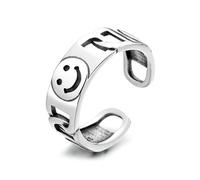 Lllunimon Ajustable 925 anillo de apertura geométrica plata esterlina, expresión creativa sonriendo cara anillo, bandas anchas grueso retro, regalos de joyería simple para hombres mujeres