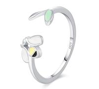 Lllunimon Anillo de plata S925 con abejita, hoja verde y brote de esmalte. Joyería minimalista y vibrante para uso diario, un regalo para ella.,Size 5