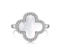Lllunimon Cuatro Anillos De Trébol De Hoja Para Las Mujeres • Madre De Pearl Blanco/Ónix Negro Lucky Clover Anillos • Regalos De Joyería Para Novia 925 Anillos De Plata Esterlina,blanca,Size9