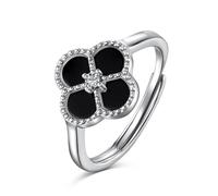 Lllunimon cuatro anillos de trébol de hoja para las mujeres • madre de perla blanco/ónix negro Lucky Clover anillos • regalos de joyería para novia 925 anillos de apertura de plata esterlina,Negro