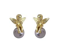 Lllunimon Pendientes de Perla para Mujer, Pendientes de Estudio de Cobre Chapados en Oro de 18K con Forma de Ángel, Joyería Exquisita para el Uso Diario, Regalo para Mamá/Novia/Hermanas,Ear Clip