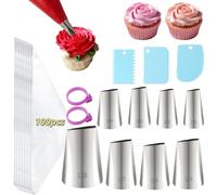 LLMSIX Juego de bolsas y puntas para pastelería, 8 puntas de pétalos, 100 bolsas de glaseado, 3 raspadores de pasteles, 2 lazos para bolsas de pastelería, punta de glaseado de rosas para rosas, lazos