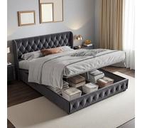 LLODERY Cama tapizada Cama de Matrimonio 180 x 200 cm con somier de láminas y Espacio de almacenaje, Camas hidráulica con cajones, Estructura de Cama con cabecero, Terciopelo Gris Oscuro, sin colchón