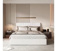 LLODERY Cama tapizada de 140 x 190 cm, almacenamiento hidráulico, marco de cama doble con cabecero, cama juvenil, canapé, capacidad de carga, piel de peluche, color blanco