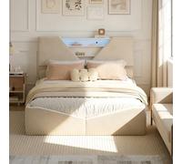 LLODERY Cama tapizada de 140 x 190 cm, cama doble con cajón, diseño hidráulico, cama juvenil con somier, cabecero geométrico con espacio de almacenamiento abierto, beige, terciopelo