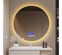 LLODERY Espejo de baño LED redondo, espejo de baño con audio Bluetooth e indicador de temperatura, interruptor táctil, 3 colores de luz ajustables, con función antivaho, espejo de pared gris (100 cm)