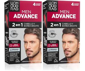 Llongueras - Men Advance, Gel Crema Colorante 2 en 1, para Cabello y Barba-Bigote, con Aceite de Jojoba, Coloración Masculina, Nutre e Hidrata, Acabado Natural en 5 Minutos, Tono 4, Castaño Natural